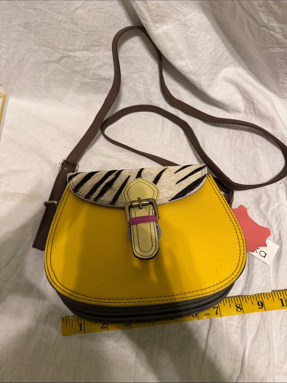 Yellow Leather Crossbody with Zebra-Print Flap and Brown Strap